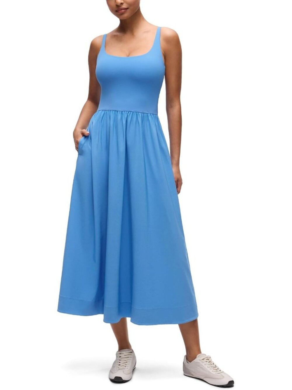 Women's Party Blue Sleeveless Square Neck Maxi Dress Flowy Travel Pockets Outfit